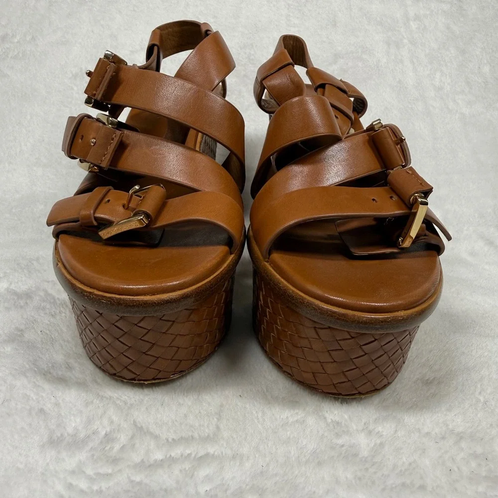 Michael‎ Kors Collection Tan Leather Woven Platform Wedge Sandals 38.5/8